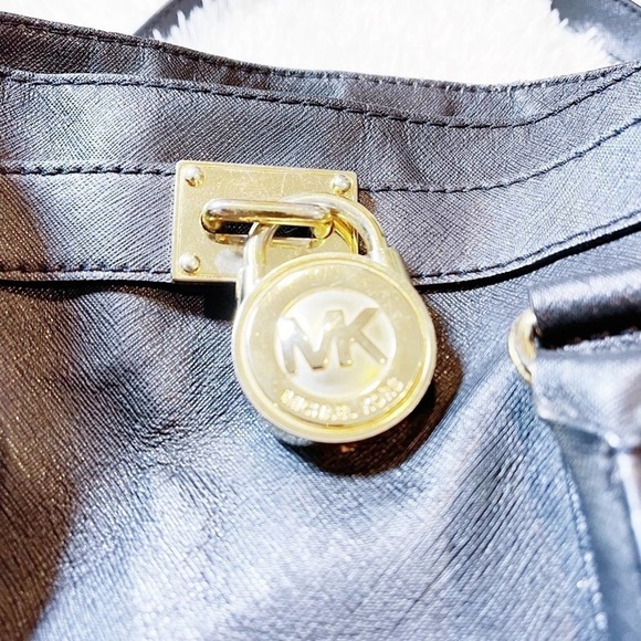 Michael Kors Hamilton Tote Bag Black Leather Gold - Picture 2 of 12